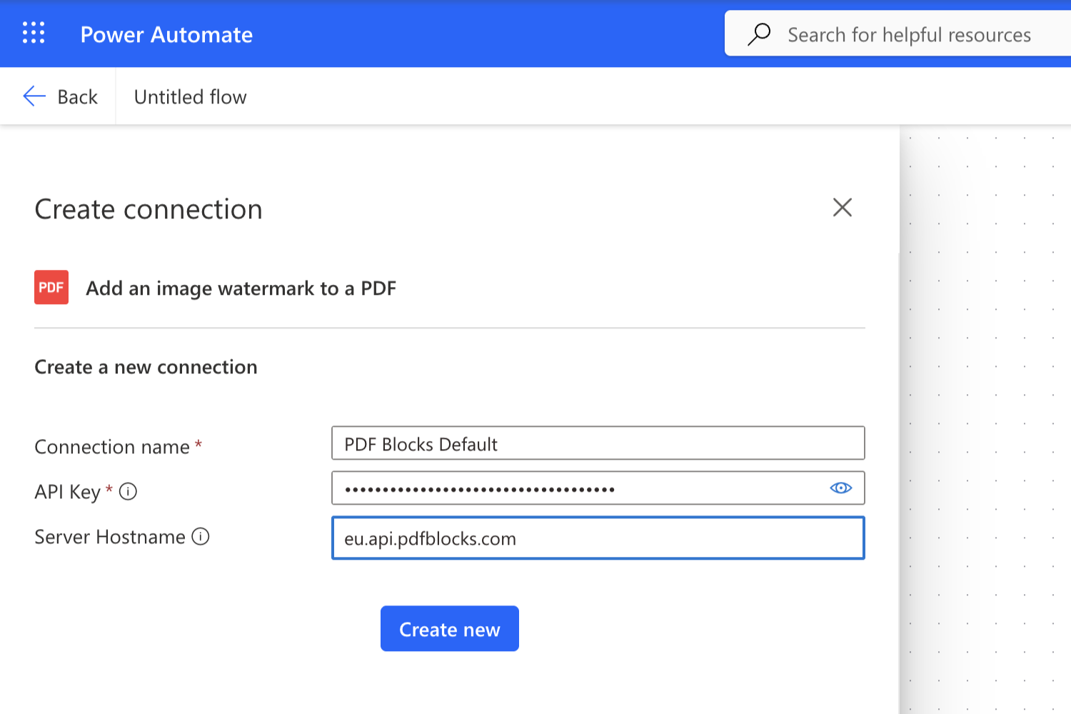 The Create connection panel in Power Automate with the EU server hostname