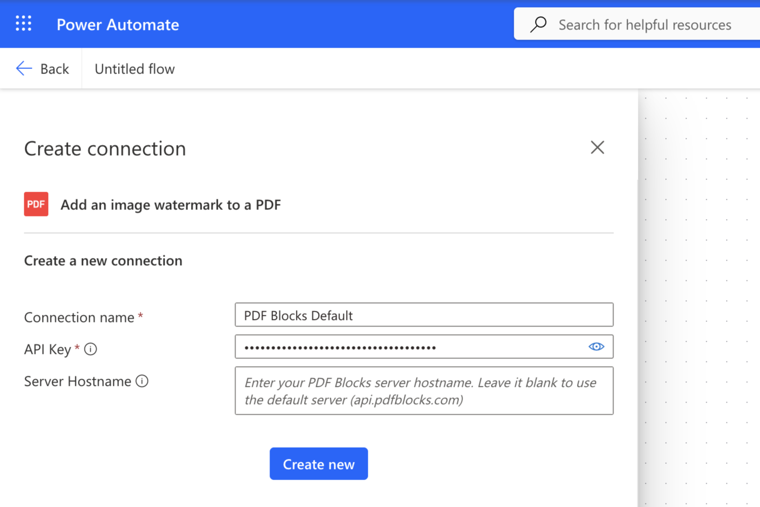 The Create connection panel in Power Automate with the default server