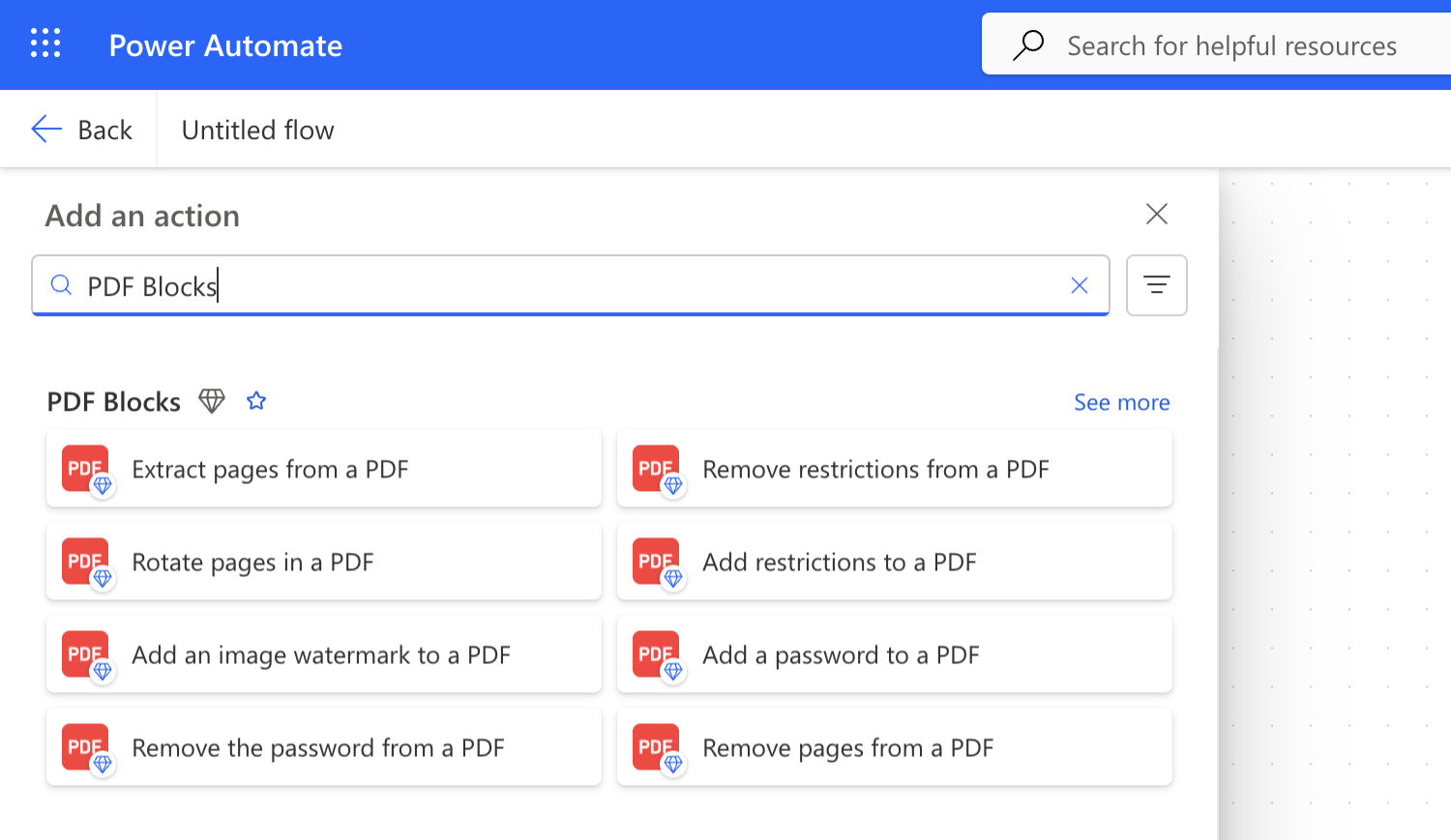 Searching for PDF Blocks in the Power Automate Add an action panel