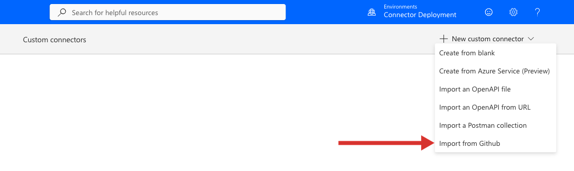 The New custom connector menu showing the Import from GitHub option