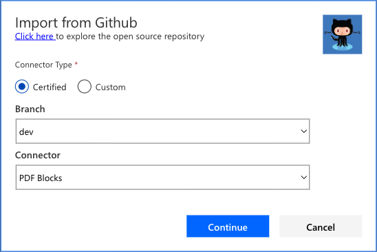The Import from GitHub dialog with Certified selected, branch dev, and the PDF Blocks connector