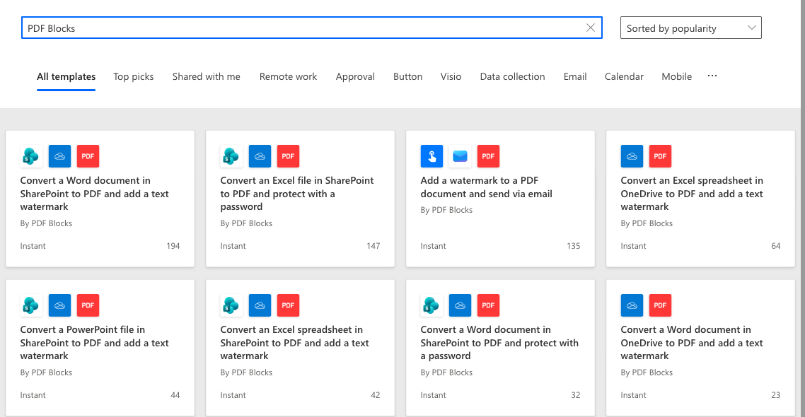 The Power Automate Templates gallery showing templates published by PDF Blocks